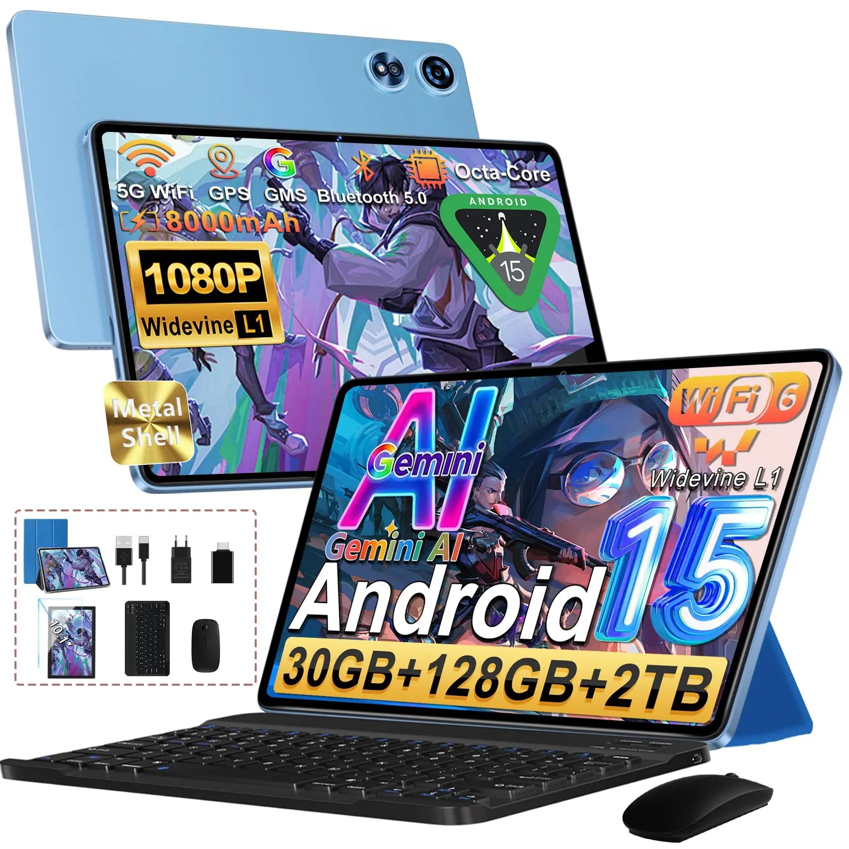 2026 Tablet Android 15, 128 GB ROM+2TB TF, 30 RAM, 10 polegadas Tablet tátil com teclado e rato, 1280 * 800 IPS HD, Widevine L1, Gemini AI, 2,4 G/5G WiFi, Octa-C. Ora, 5+ 8MP, BT 5.0, 8000 mAh