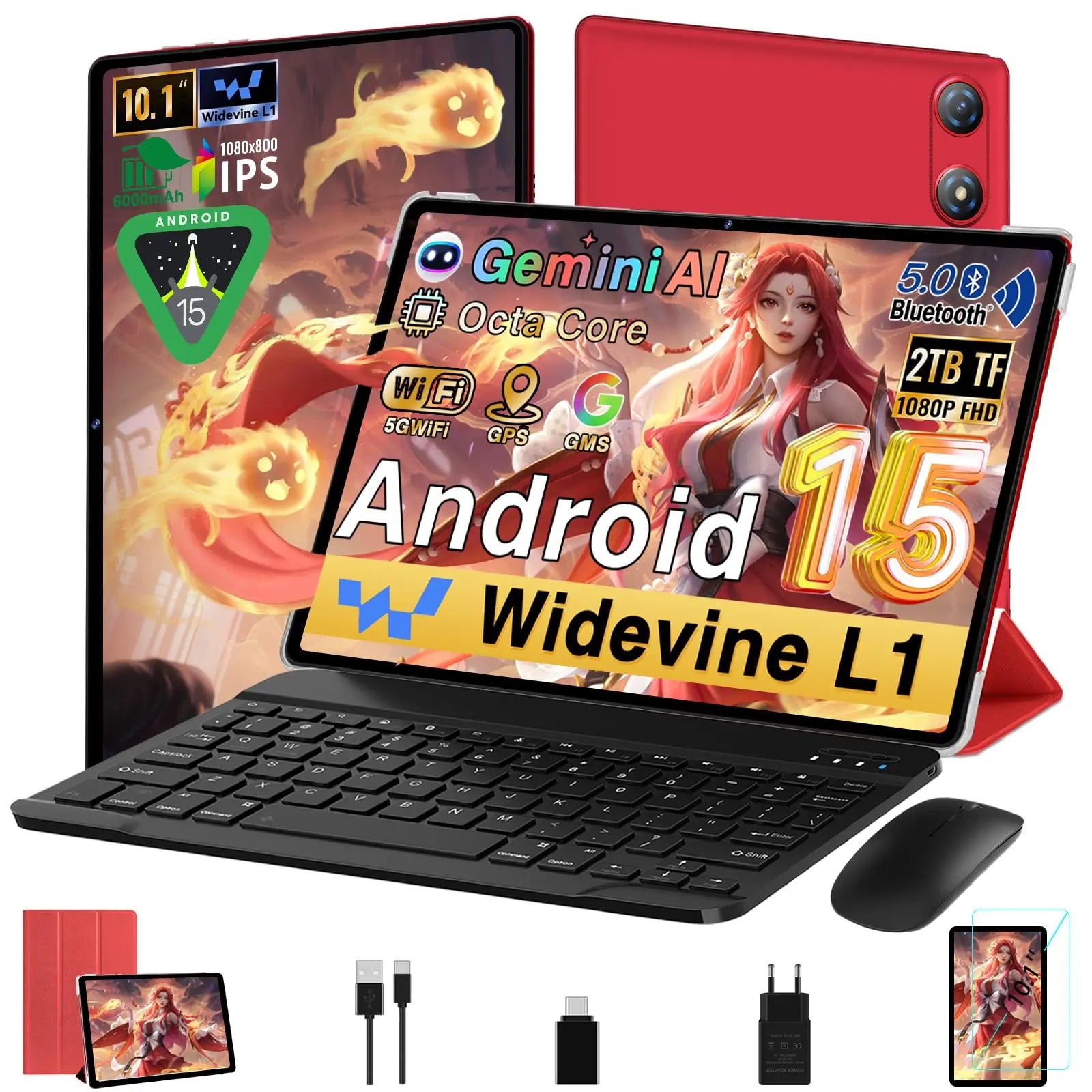 Android 15 Tablet de 10 polegadas 30 GB RAM + 64 GB ROM (2TB/TF), Octa-Core 2,0 Ghz, 1080 * 800 FHD IPS, stand extra longo, 5G WiFi, Gemini AI, Widevine L1, 5 MP. +13MP, Face ID, GMS, tablet com