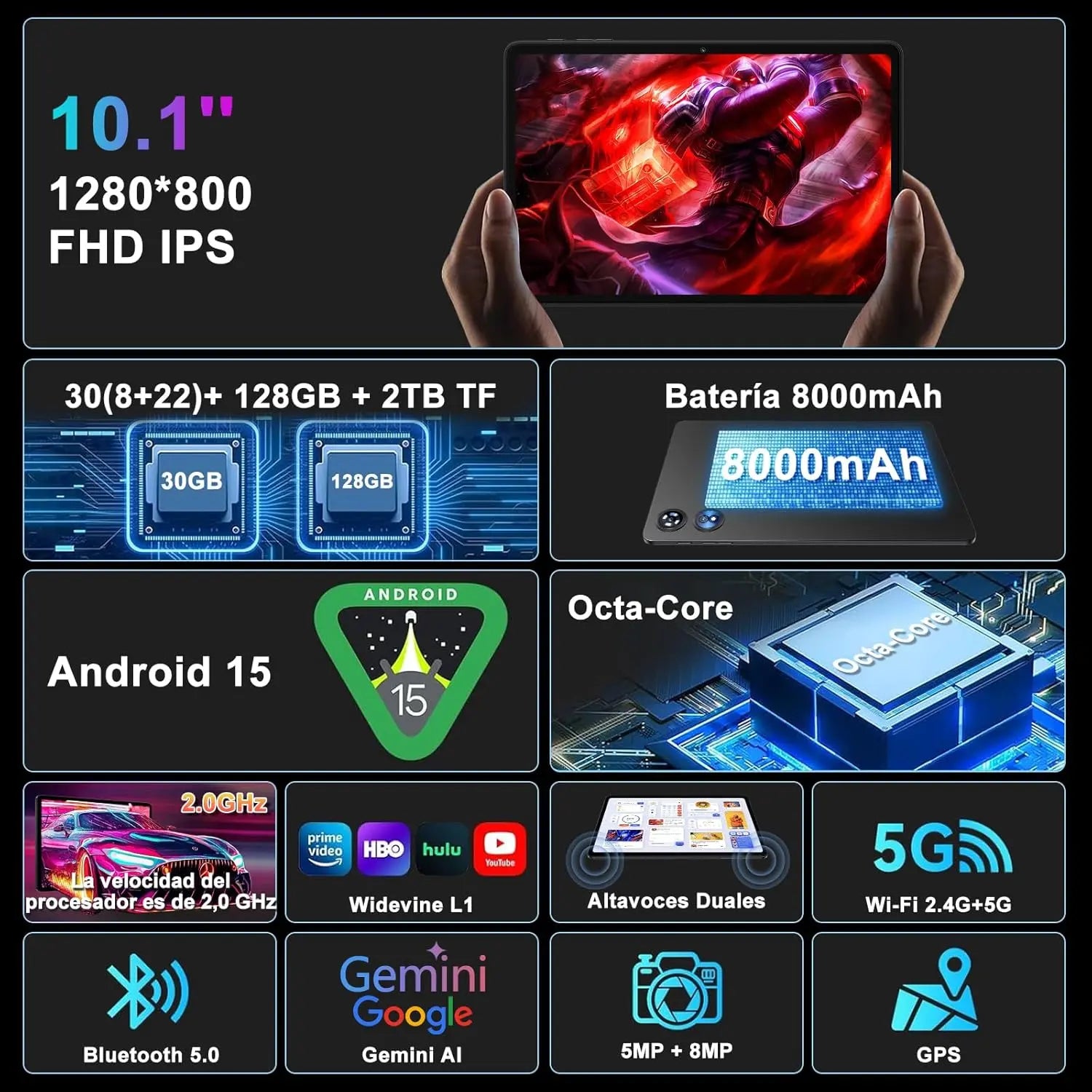 2026 Tablet Android 15, 128 GB ROM+2TB TF, 30 RAM, 10 polegadas Tablet tátil com teclado e rato, 1280 * 800 IPS HD, Widevine L1, Gemini AI, 2,4 G/5G WiFi, Octa-C. Ora, 5+ 8MP, BT 5.0, 8000 mAh