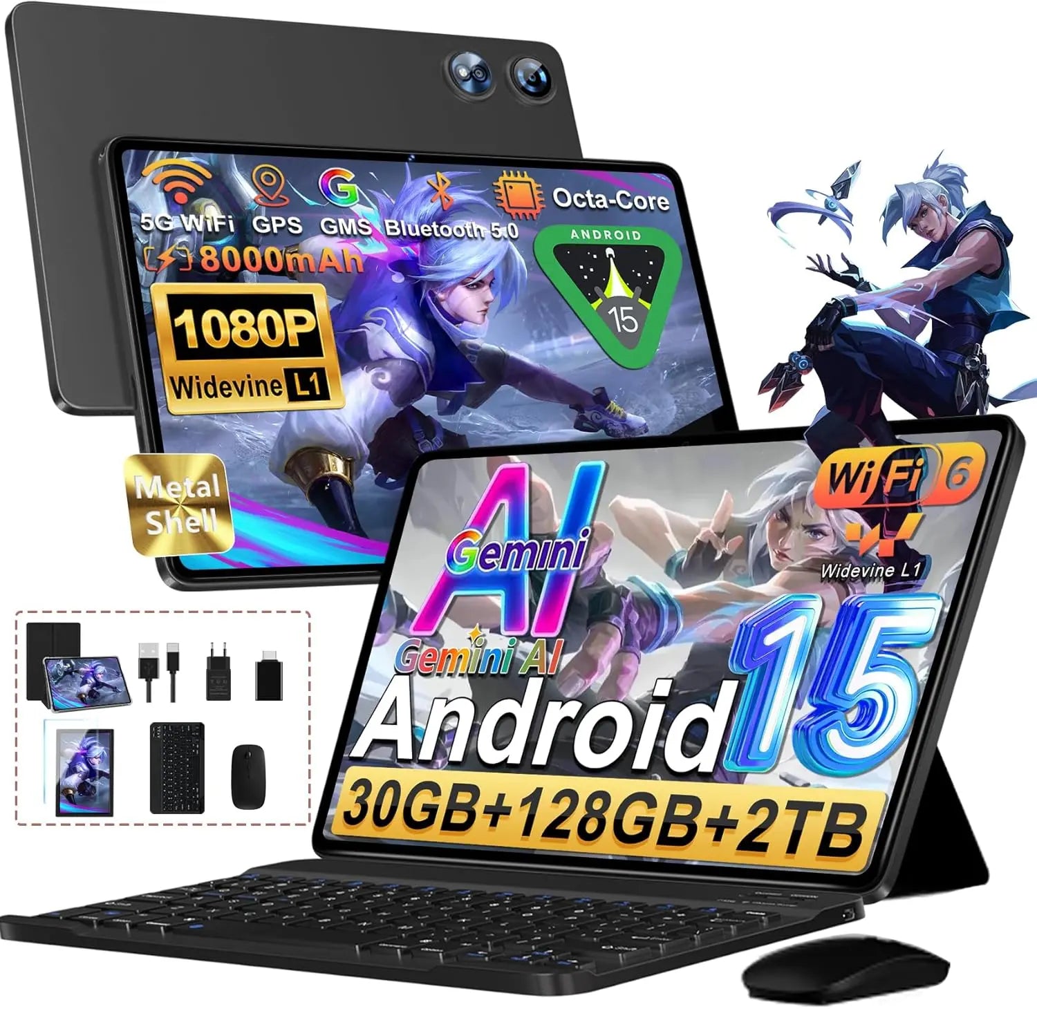 2026 Tablet Android 15, 128 GB ROM+2TB TF, 30 RAM, 10 polegadas Tablet tátil com teclado e rato, 1280 * 800 IPS HD, Widevine L1, Gemini AI, 2,4 G/5G WiFi, Octa-C. Ora, 5+ 8MP, BT 5.0, 8000 mAh