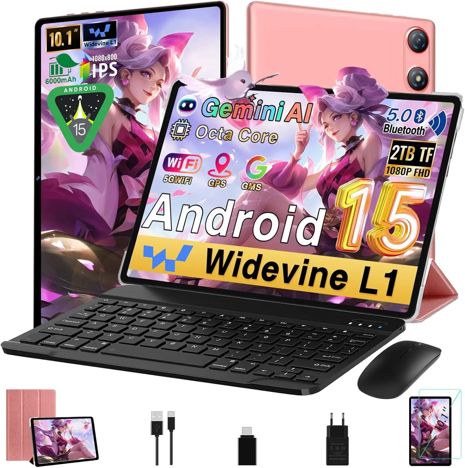 Tablet Android de 15 10 polegadas 64 GB ROM 2TB TF, Gemini AI, Octa-Core 2,0 Ghz, 1280 * 800 FHD IPS, stand extra longo, 5G WiFi, Widevine L1, 5 MP 8 MP, FFFHD ace ID, MSS , Tablet com teclado e rato